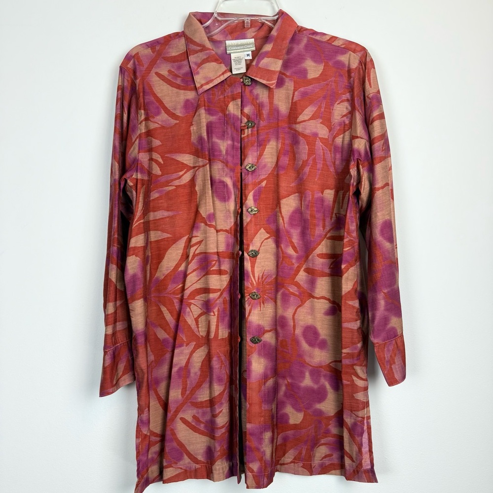 Coldwater Creek Floral Blouse Decorative Wooden Buttons Size Medium